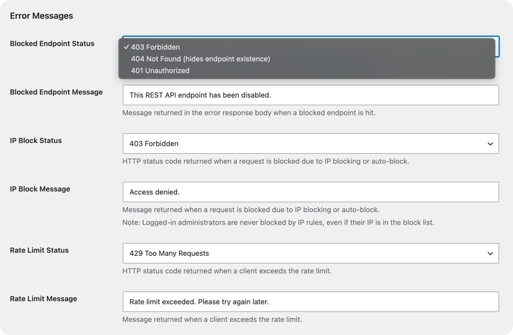 Set custom error response and message for disabled WordPress REST API endpoints