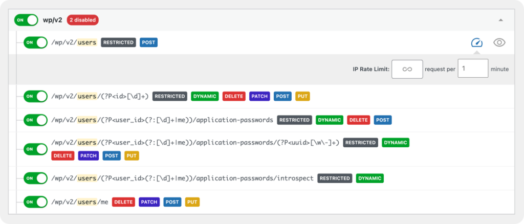 Per-endpoint rate limit override panel open on the /wp/v2/comments route with custom request limit and time window fields