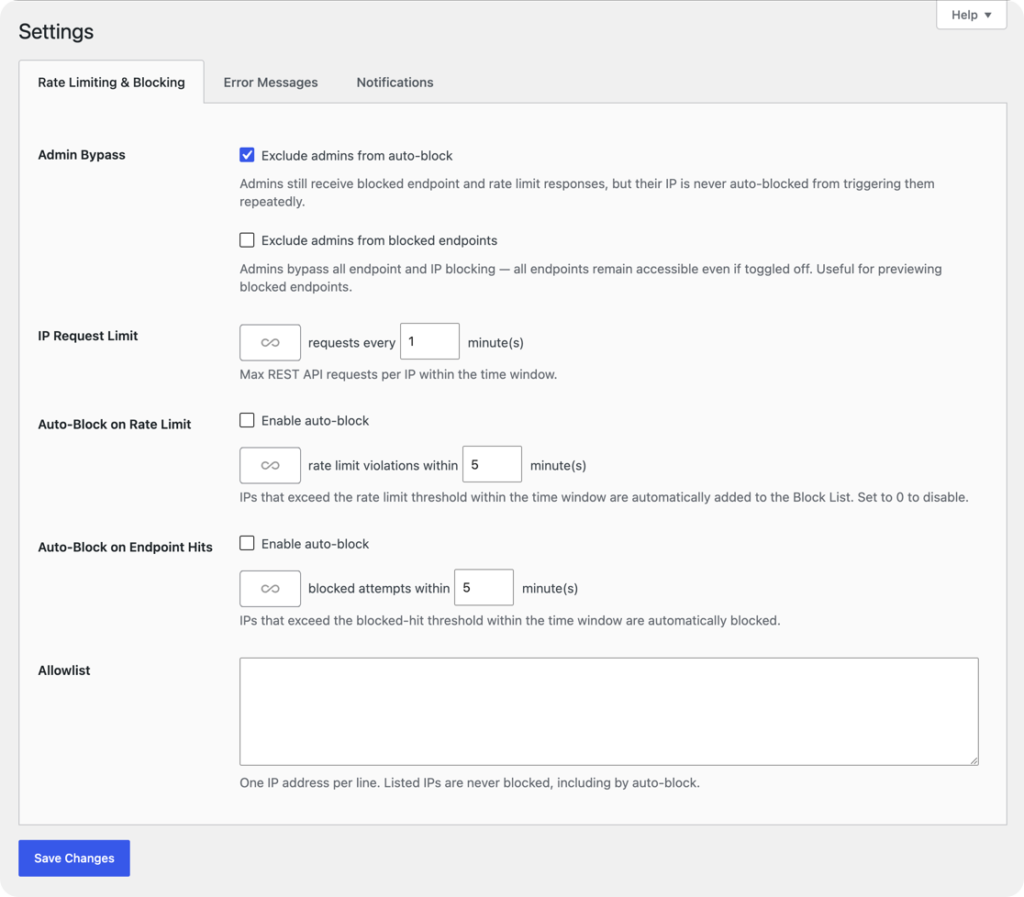 Rate Limiting & Blocking settings tab in Endpoint Manager Pro showing a global IP request limit of 60 requests per minute, auto-block options, and IP allowlist