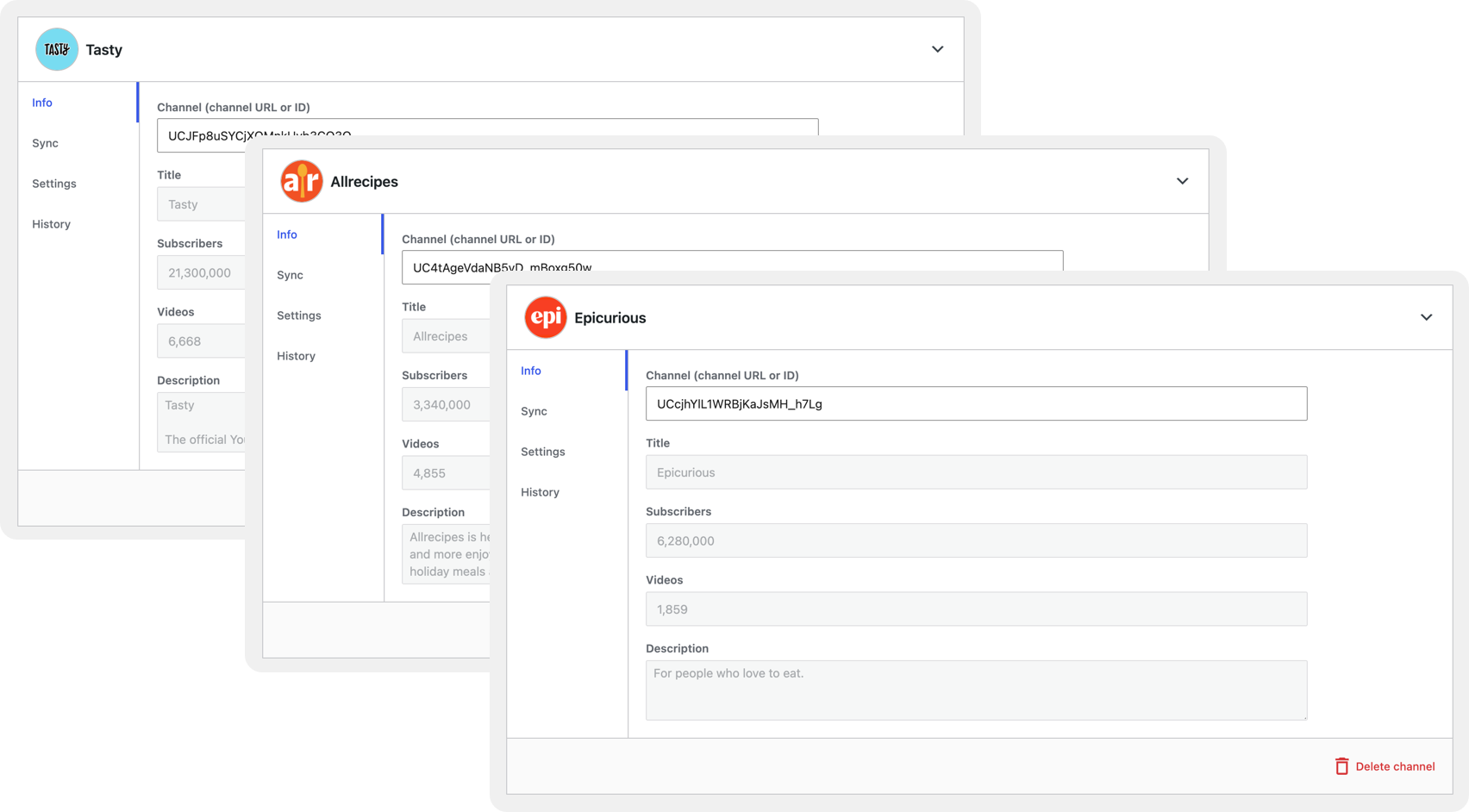Manage unlimited YouTube channels in WordPress, each with independent sync rules and destinations